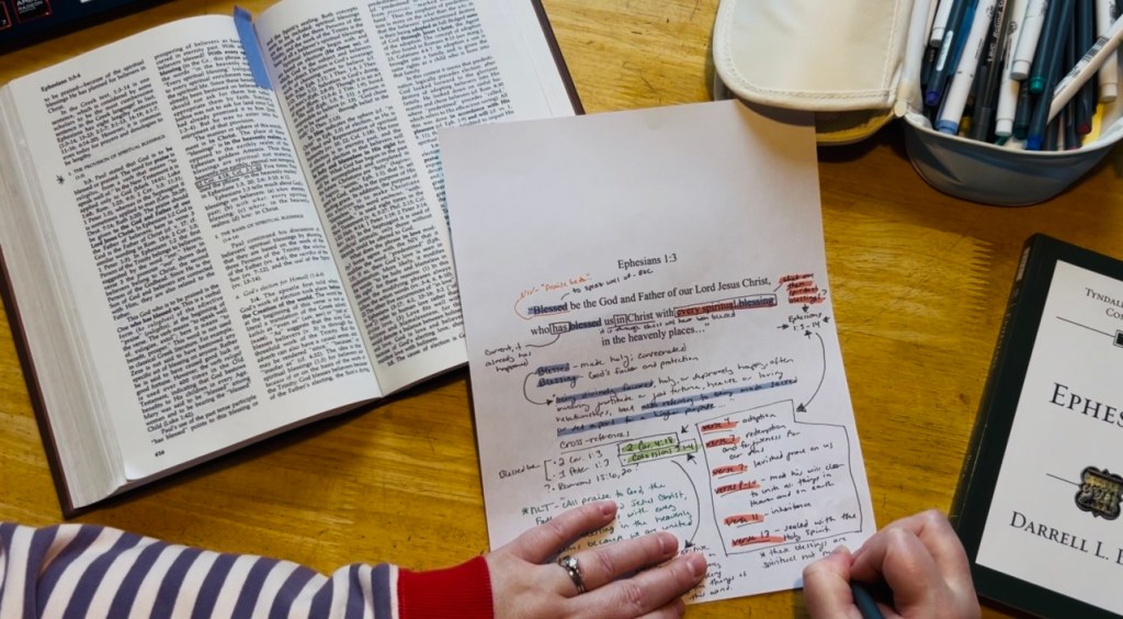 Woman verse mapping Ephesians 1:3 with an open commentary next to her. 